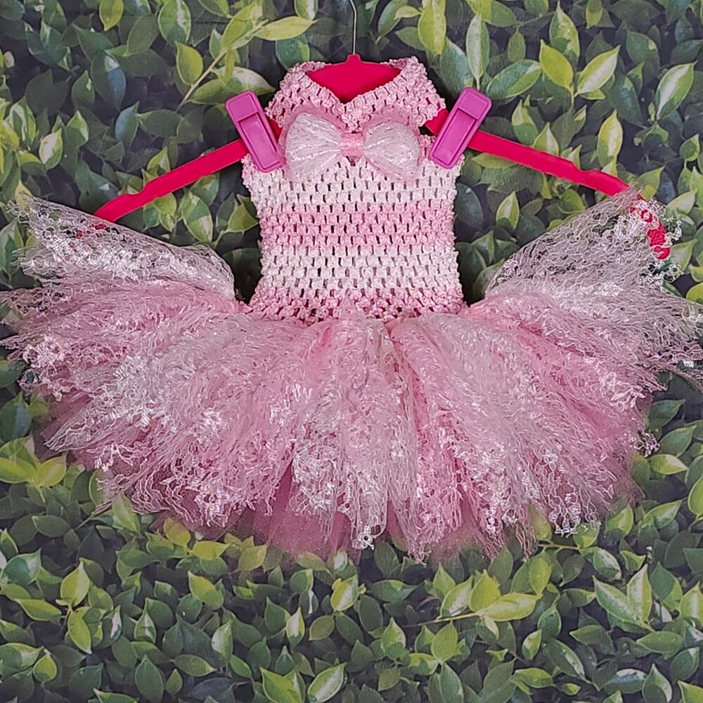 Handmade Puppy Tutu Dress – Pink White – Lace Bow – Small Dog – OOAK